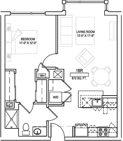 One bed/One bath - 672 sqft. Floor Plan 12